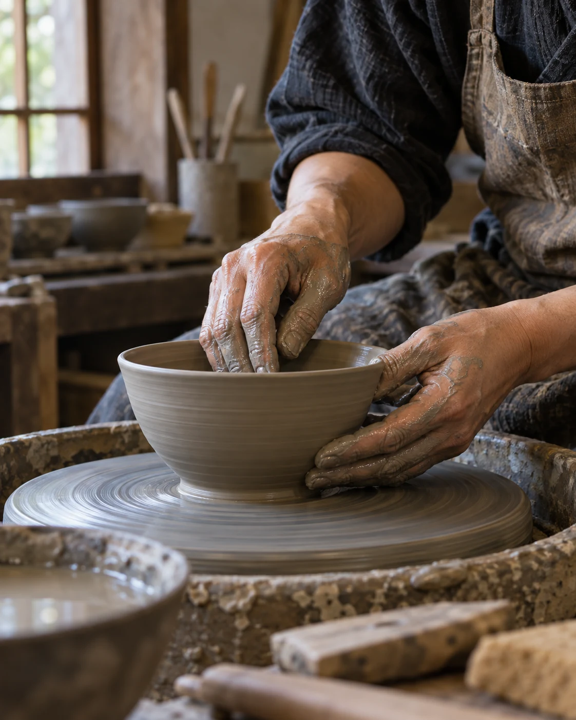 Illustrative AI-generated image of hands shaping a clay bowl on a pottery wheel